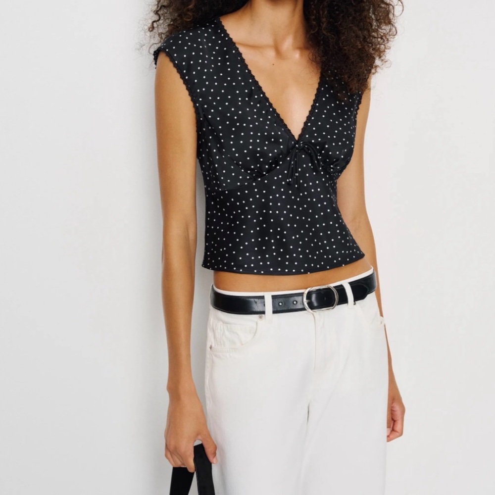Reformation cherry silk polka dot top